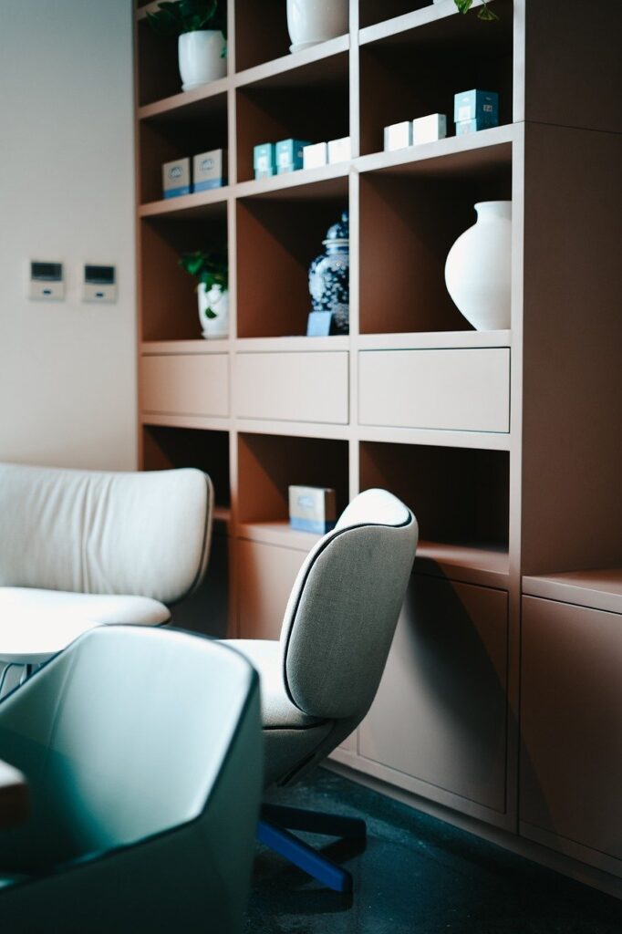 hotel, chair, shelves